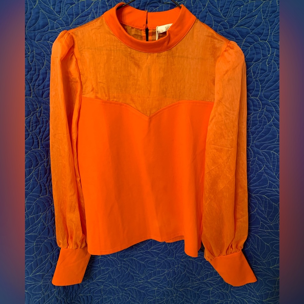 NWT Anthropologie, Flat White, Orange Blouse w Sheer Sleeves
